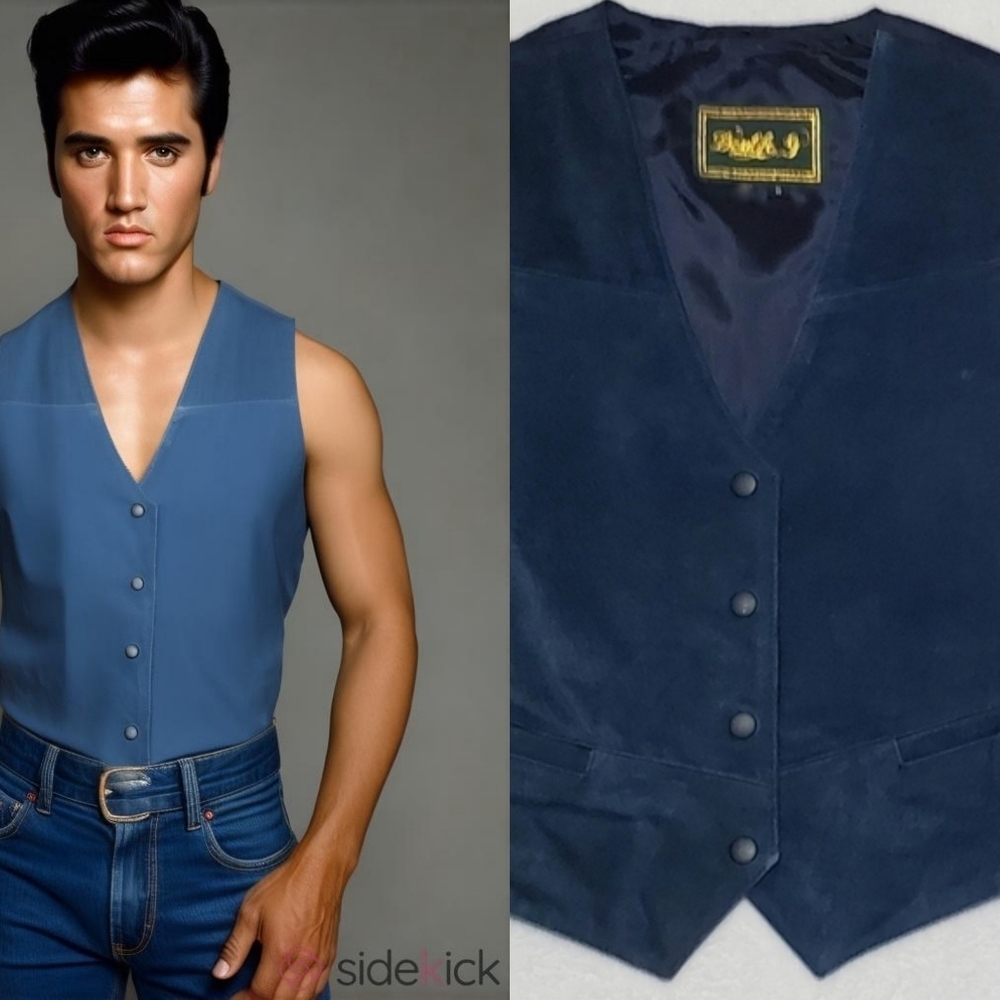 90s Vintage Double G Stone Blue Suede Leather V-neck Pocket Western Boho Vest M